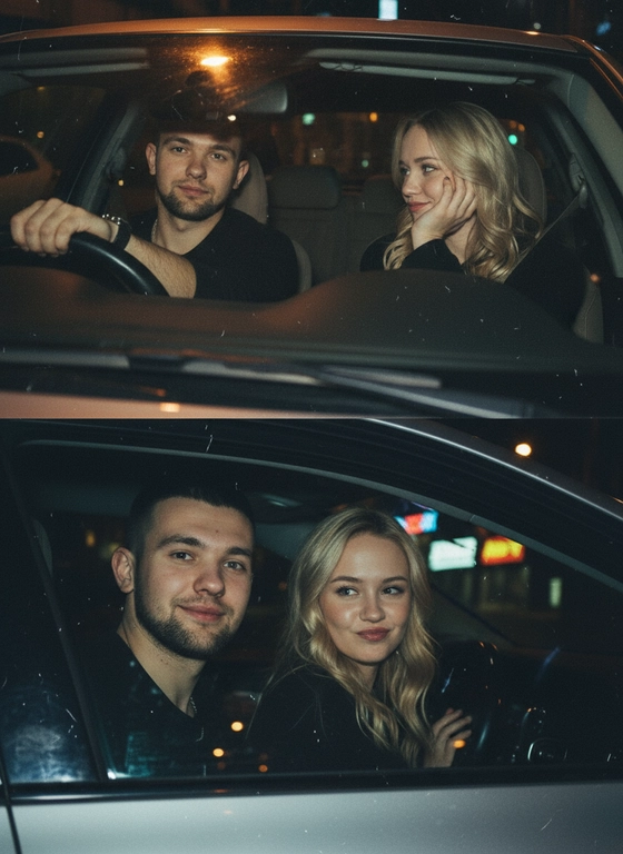 Используй предоставленные изображения и создай коллаж из двух фото, одно под другим. Первое фото сверху: Ночное фото в салоне автомобиля: мужчина за рулем смотрит вперед, его рука с часами на руке. Женщина на пассажирском сиденье, слушает его подперев щеку рукой. Съемка в стиле папарацци с эффектом зернистой пленки, атмосфера интимная. Второе фото: Девушка и парень смотрят в камеру Ночное фото папарацци крупным планом: мужчина за рулём и женщина на пассажирском сиденье смотрят в камеру. Женщина с ухмылкой и губами бантиком, мужчина слегка улыбается, положив руку на руль. Съёмка через пассажирское окно, сочетание ночного света и вспышки, эффект зернистой плёнки.