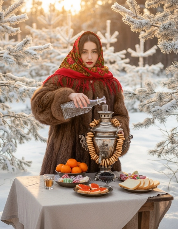 Создайте ИИ-фото в шубе и платке с самоваром