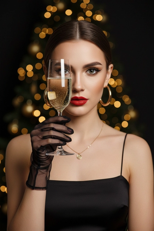 Гиперреалистичный студийный портрет женщины в новогоднем luxury-стиле. Кадр по грудь. Женщина держит узкий бокал с шампанским строго напротив одного глаза (правого или левого), так что стекло полностью перекрывает один глаз, второй глаз открыт и чётко смотрит прямо в камеру. Бокал смещён в сторону от центра лица, не по центру. Через бокал видны пузырьки шампанского. Композиция асимметричная, акцент на контраст между открытым глазом и глазом за стеклом. Взгляд в камеру сквозь бокал шампанского. 

Макияж: идеально выровненный тон кожи, чёткие брови, мягкие золотисто-коричневые тени, чёрные стрелки, яркая матовая красная помада. На ушах крупные золотые серьги-кольца, на шее золотая тонкая целочка с круглым кулоном. 

Одежда: чёрное минималистичное платье на тонких бретелях, прямой вырез. На руке короткая прозрачная чёрная сетчатая перчатка, с рюшами на запястье. Поза прямая, уверенная, взгляд холодный, статный, строго в камеру.

Фон: тёмный студийный фон, за спиной размытая новогодняя ёлка с крупными тёплыми золотыми огоньками боке. Атмосфера роскоши, вечеринка, шампанское, вечер.

Освещение: мягкий ключевой свет спереди, подчёркнутые блики на стекле бокала, губах и коже, лёгкий контровой свет по краю плеч и головы. Глубина резкости малая, фон сильно размыт.

Стиль: high fashion beauty portrait, luxury editorial, cinematic lighting, ultra realistic, sharp focus on open eye and glass, 8k, magazine cover quality.