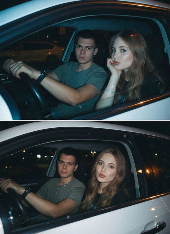 Используй предоставленные изображения и создай коллаж из двух фото, одно под другим. Первое фото сверху: Ночное фото в салоне автомобиля: мужчина за рулем смотрит вперед, его рука с часами на руке. Женщина на пассажирском сиденье, слушает его подперев щеку рукой. Съемка в стиле папарацци с эффектом зернистой пленки, атмосфера интимная. Второе фото: Девушка и парень смотрят в камеру Ночное фото папарацци крупным планом: мужчина за рулём и женщина на пассажирском сиденье смотрят в камеру. Женщина с ухмылкой и губами бантиком, мужчина слегка улыбается, положив руку на руль. Съёмка через пассажирское окно, сочетание ночного света и вспышки, эффект зернистой плёнки.
