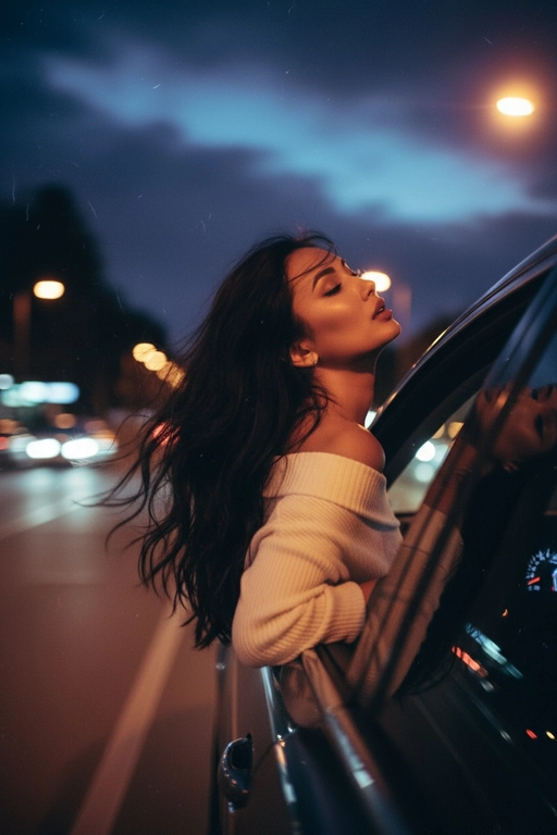 Создайте фото, где я высунула голову из окна машины в тёмную, мечтательную, размытую, винтажную ветреную ночь, в белом трикотажном топе с открытыми плечами. ракурс боковой. Голова чутка откинута назад. Машина в движении.  Выражение лица мечтательное, губы немного приоткрыты. Волосы развеваются в движении. Сохраните детали лица в точности. Пожалуйста, не изменяйте черты лица и оставь таким, какое оно есть.