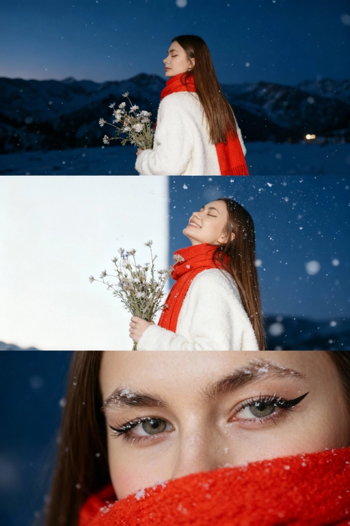 Создай коллаж не меняя черты лица. Кинематографический зимний коллаж из трёх кадров: девушка на фоне заснеженных гор и замёрзшего озера, мягкий вечерний свет, холодно, падает снег. На ней белое шерстяное пальто и ярко-красный шарф, в руках букет зимних полевых цветов. Первый кадр — со спины, её волосы и красный шарф выделяются на фоне темно-синего неба и гор; второй кадр — человек стоит полубоком на фоне темно-синего неба голова поднята вверх, глаза закрыты, улыбается, ловит снежинки, в руках букет, атмосфера лёгкости и свежести. на ней белое шерстяное пальто и ярко-красный шарф; третий кадр — очень крупный портрет на фоне темно-синего неба, взгляд в камеру, на ресницах снег, мягкий румянец, естественный макияж. Видно часть шарфа. Акцент на глаза. Настроение — романтичное, зимнее, немного меланхоличное, стиль — реалистичный, кинематографический, контраст белого снега и красных акцентов. Все фото сделаны ночью со вспышкой. Пленочная фотография.