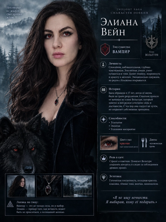 Создай cinematic character poster в стиле официальных фильмов Twilight Saga: мрачная атмосфера, лес Форкса, туман, холодная цветокоррекция, драматичный свет.

Используя моё фото, создай образ персонажа и оформи результат как character dossier с инфографикой в стиле Twilight Saga. Всё на русском языке.

ВАЖНО

Каждая новая генерация должна создавать полностью нового уникального персонажа и новый визуальный образ.

При каждой новой генерации самостоятельно придумывай заново:

тип существа;
имя и фамилию;
характер;
историю;
способности;
клан или стаю;
роль в саге;
эстетику;
одежду;
причёску и укладку;
выражение лица;
позу;
композицию постера;
фон и окружение;
свет;
визуальные детали и аксессуары.

Не повторяй один и тот же визуальный образ между генерациями. Каждый следующий результат должен заметно отличаться от предыдущего одеждой, стилизацией, позой, атмосферой и оформлением постера.

При этом сохраняй исходную внешность человека с загруженного фото: лицо, черты лица, форму лица, нос, губы, брови, пропорции и узнаваемость. Не превращай человека в другого. Меняться должен образ персонажа, а не его личность и базовая внешность.

Нельзя повторять имя, фамилию, подписи, описание личности, историю, способности, клан/стаю, роль в саге, эстетику персонажа и другие текстовые элементы из предыдущих генераций.

Если создаётся несколько постеров одновременно, каждый должен выглядеть как совершенно отдельный персонаж, а не как вариация одного и того же.

Имя и фамилия должны быть оригинальными, не совпадать с именами канонических героев Twilight Saga и не повторяться между персонажами.

На постере текстом и визуально обязательно должны быть:
Тип существа
Имя и фамилия персонажа
Описание личности
История
Способности, если есть
Цвет глаз, если он изменён, и это изменение должно быть видно во внешности
Клан / стая
Роль в саге
Эстетика персонажа
Логика по типу персонажа

1. Вампир

Спокойствие, наблюдательность, эмоциональная глубина, интеллект, внутренняя дистанция и эстетичность.

Если выбран вампир, обязательно укажи:

клан;
дар;
историю обращения;
диету;
цвет глаз по канону: золотые при животной диете, красные при человеческой.

Внешний образ вампира каждый раз должен быть новым: меняй одежду, стилизацию, настроение, позу, окружение и характер освещения.

2. Оборотень

Эмоциональность, энергия, импульсивность, защитный характер, преданность и лидерство.

Если выбран оборотень, обязательно укажи:

стаю;
роль в стае;
историю первого обращения.

У оборотней нет дара.

Для каждого нового оборотня создавай отдельный визуальный образ, соответствующий его характеру и роли в стае.

3. Человек

Реалистичность, человечность, адаптивность, искренность и влияние на сюжет без сверхсил.

Если выбран человек, обязательно укажи:

историю персонажа.

Образ человека также должен быть уникальным в каждой генерации: новая одежда, настроение, окружение, поза и эстетика.

Дополнительные требования
Сохраняй мою внешность как точную основу персонажа.
Не используй один и тот же костюм или одну и ту же композицию повторно.
Не делай все постеры с одинаковой причёской, позой и выражением лица.
Внешний образ должен соответствовать придуманным характеру, истории, клану или стае.
Текст должен выглядеть как часть официального character dossier.
Подписи должны быть логичными, читабельными и уникальными.
Не копируй формулировки между генерациями.
Каждый результат должен ощущаться как совершенно новый персонаж и новый фотосет внутри вселенной Twilight Saga.

Доп. характеристики: Не меняя черты лица