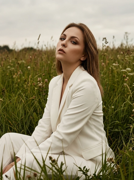 Фотосессия женщины в стиле модной съемки на открытом воздухе. Она позирует на поле с высокой зеленой травой. Цветовая гамма землистая и насыщенная, с оттенками зеленого и коричневого. Женщина одета в белый пиджак из гладкой костюмной ткани. Сидит в траве, Макияж естественный, в коричневых оттенках. Кожа сияет.  Fashion editorial, vogue style, old money, cinematic lighting, 8K, ultra-realistic. Средний план: она слегка подняла взгляд. Глаза всё равно направлены в камеру, лёгкая игра света и тени на лице. Пасмурная погода.