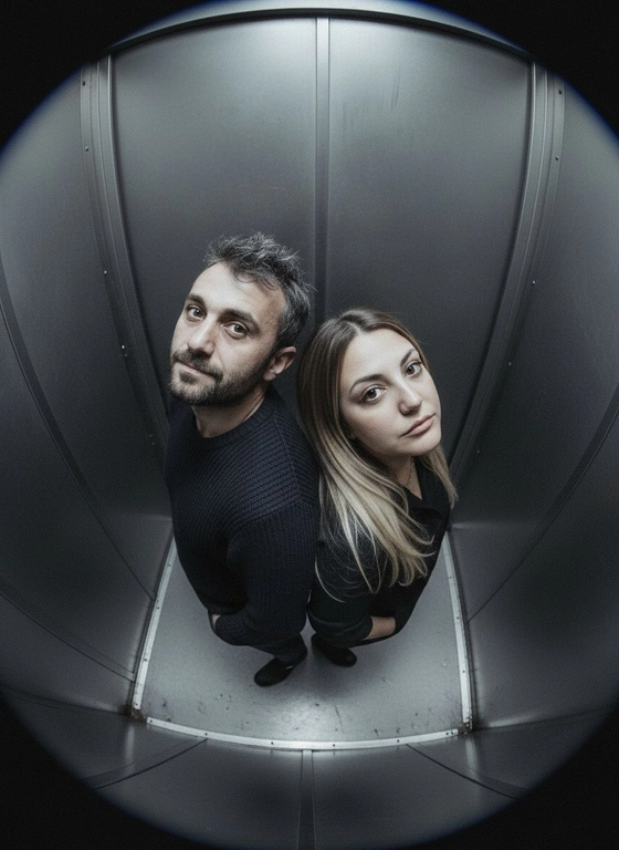 Используй предоставленные изображения и создай фото с двумя людьми в лифте с металлическими стенами. Цветовая гамма с преообладанием серых металлических оттенков. Кадр снят с максимально верхнего ракурса, люди будто заглядывают в камеру, их головы подняты наверх, взгляд в камеру. Легкий эффект fish eye. Реалистичное фото. Зернистость пленочного фото, насыщенные цвета, стиль фото y2k. Сохрани черты лица людей. Они стоят спиной друг к другу. Руки в карманах.