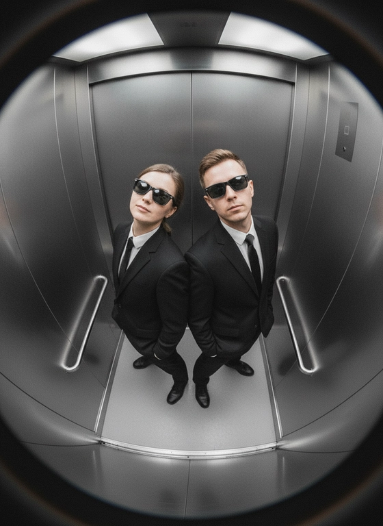 Используй предоставленные изображения и создай фото с двумя людьми в лифте с металлическими стенами. Цветовая гамма с преообладанием серых металлических оттенков. Кадр снят с максимально верхнего ракурса, люди будто заглядывают в камеру, их головы подняты наверх, взгляд в камеру. Легкий эффект fish eye. Реалистичное фото. Зернистость пленочного фото, насыщенные цвета, стиль фото y2k. Сохрани черты лица людей. Они стоят спиной друг к другу. Руки в карманах. Одеты в черное. В чёрных очках. Как люди в черном. Лица и черты лица не меняй! 