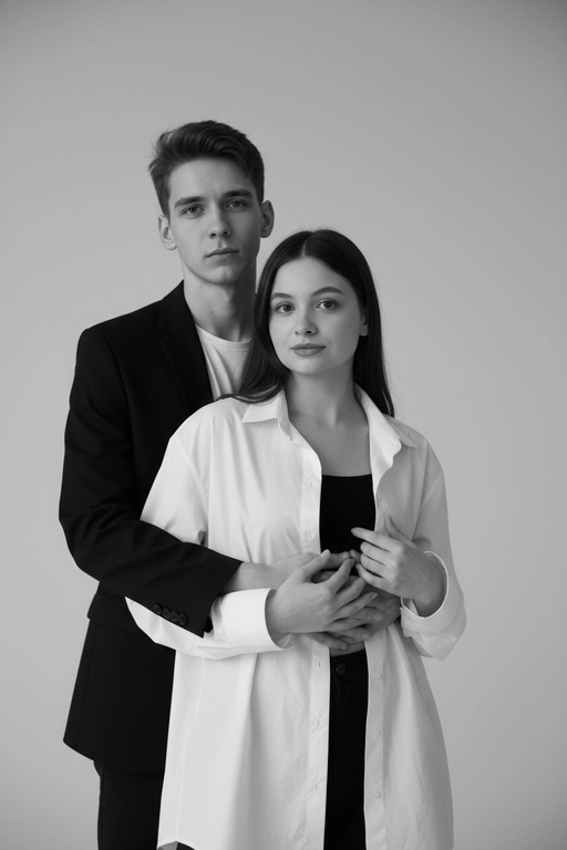 Черно-белый портрет мужчины и женщины в стиле фэшн фотосессии в фотостудии. Не изменяйте лица. Фон нейтральный, однотонный, светло-серый. Атмосфера интимная и спокойная. На переднем плане женщина. Вся композиция выполнена в приглушенной монохромной гамме со студийным освещением, которое подчеркивает текстуру кожи и одежды. Её руки лежат на груди мужчины. Мужчина обнимает женщину сзади, положив свою руку поверх её руки. Она одета в черный топ, белую оверсайз рубашку. Мужчина одет в  классическом черном пиджаке и белой футболке.