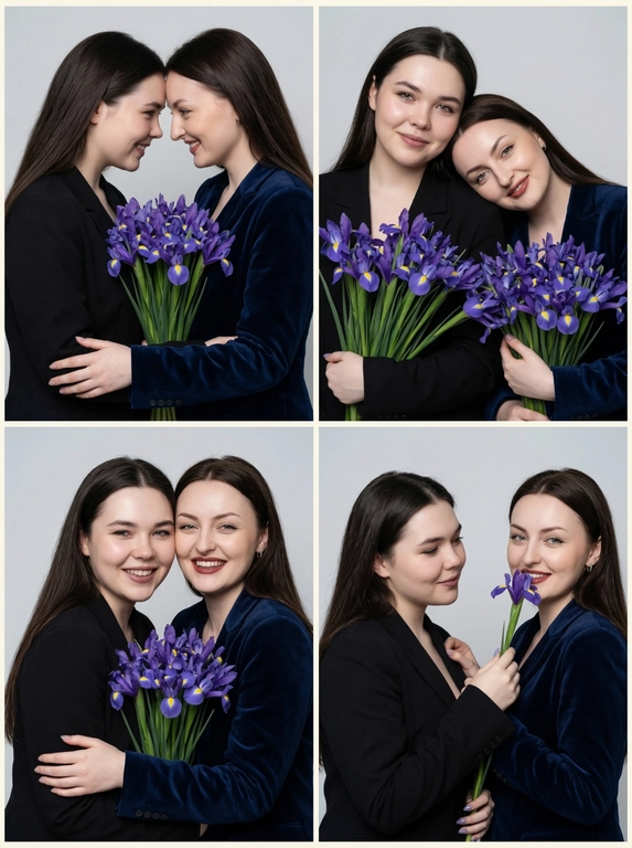 Фотореалистичный кинематографический коллаж в стиле фотобудки 2×2 из четырёх интимных портретов двух человек крупным планом, расположенных в бесшовной сетке 2×2, на каждом кадре показана разная поза и выражение лица.

Персонажи — это реальные люди с загруженной фотографии или фотографий. Использовать ТОЧНОЕ сходство лиц с реальными людьми с загруженного фото или фотографий:
узнаваемые черты лица, форма глаз, носа, губ, без изменения внешности, приоритет портретного сходства, с сохранением узнаваемости лиц, причёсок и пропорций.

Фотосессия к 8 марта. 
Создай трогательные кадры из профессиональной фотосессии в студии, где запечатлены моменты семейной близости двух людей. Сделай так, чтобы все они смотрелись гармонично и трогательно. Они одеты в дорогие костюмы. Освещение холодное. Фон светлый, бесшовный. Фото в стиле Энни Лейбовиц, четкий фокус. Они смотрят в камеру с мягкой улыбкой.

Какие будут цветы?:  У одного из персонажей в руках огромный букет ирисов.