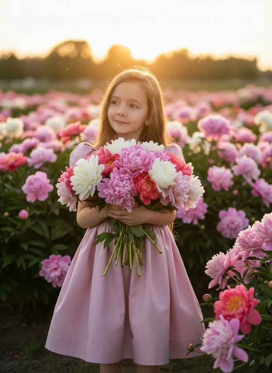1. Ультра-реалистичное фото девочки в полный рост в цветущем саду пионов.
На ней пудрово-розовое платье с пышной юбкой, детский силуэт.
В руках — большой букет пионов.
Взгляд мягкий, слегка в сторону.
Тёплый свет заката, малая глубина резкости, высокая детализация лепестков и ткани.
8K, photorealistic, cinematic mood.
Черты лица не менять