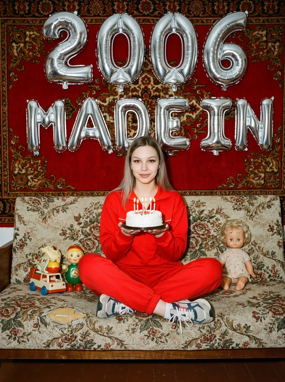 Создай крупный портрет, не меняя черты лица. На фотографии модель в стиле «лихие 90-е» в России. Модель сидит на старом диване с цветочной обивкой на фоне красного советского ковра на стене и смотрит в камеру с лёгкой улыбкой. На ковре висят большие надувные серебряные фольгированные шары в форме цифр и надпись «MADE IN». На модели классический красный спортивный костюм того времени и кроссовки. В руках маленький праздничный белый торт со свечами. Рядом на диване лежат игрушки: советские игрушки и старая советская кукла. Фото со вспышкой. Освещение мягкое, создающее атмосферу ностальгии. Высокое разрешение, реализм. Модель в олдскульном спортивном костюме сидит расслабленно, с лёгкой улыбкой. Ретро-вайб, приглушённые цвета, зернистость плёнки, детализированные текстуры ткани и шерстяного ковра.

Какая будет цифра?: Цифра 2006