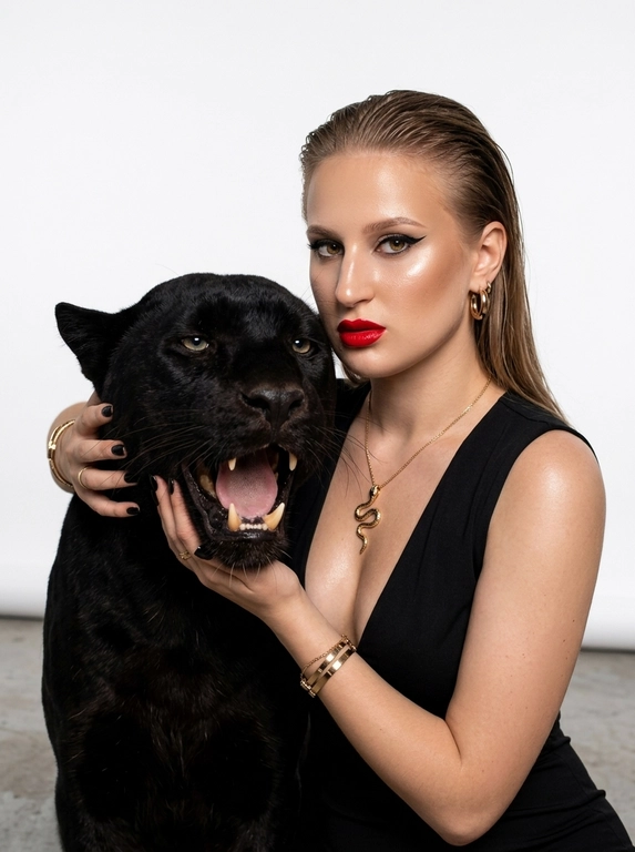 Максимально реалистичная студийная fashion-фотография, вертикальный кадр, плотный средний план, поясной портрет. Камера расположена фронтально, объектив 50mm. Белая минималистичная студийная циклорама, внизу слегка виден серый бетонный пол. Кадр плотный, без лишнего пустого пространства, модель и пантера заполняют почти весь кадр.

Модель позирует вплотную рядом с крупной взрослой черной пантерой. Пантера большая, мощная, визуально тяжелая, занимает почти половину кадра. Ее голова находится очень близко к модели, на уровне груди и нижней части лица модели, слева в кадре. Тело пантеры частично видно и уходит вниз за пределы кадра, чтобы животное выглядело крупным и массивным, а не маленьким.

Одна рука модели удерживает голову пантеры сбоку за шею и щеку, вторая поддерживает снизу нижнюю челюсть. Пантера широко раскрыла пасть, видны крупные клыки, язык, влажная пасть и блестящая черная шерсть. Голова пантеры крупная в кадре, анатомически правильная, без искажений.

Модель смотрит прямо в камеру уверенным, холодным, дерзким взглядом. Корпус слегка развернут, поза спокойная и контролирующая. На модели облегающее черное платье без рукавов с глубоким V-образным декольте.

Аксессуары: золотая цепочка с подвеской-змеей, несколько золотых браслетов на запястье, небольшие золотые серьги-кольца. Ногти покрыты черным глянцевым лаком.

Макияж: четкие длинные черные стрелки cat eye, выразительный контуринг, ровная сияющая кожа, яркая красная помада, glossy skin. Кожа лица, плеч и рук слегка влажная и блестящая.

Свет — профессиональный студийный beauty light, мягкий, но яркий, с чистыми бликами на коже, украшениях и шерсти пантеры. Высокий контраст между белым фоном и глубоким черным цветом платья, волос и шерсти пантеры. Ультрареалистично, дорогая fashion editorial съемка, высокая детализация лица, кожи, шерсти и пасти пантеры.

Какая будет прическа?:  Волосы гладко зачесаны назад с мокрым эффектом.
