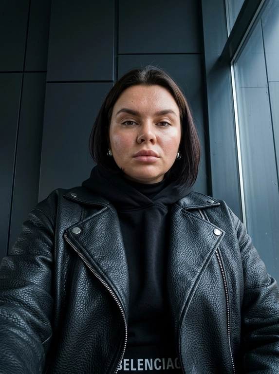 Взгляд направленный прямо в объектив камеры.

Кожа: Ultra-realistic expensive-looking skin с видимыми порами, мягким персиковым пушком, реалистичной текстурой, тонкими тональными переходами, субповерхностным рассеиванием света и естественной асимметрией. Кожа должна выглядеть здоровой и профессионально ухоженной, как после премиальных косметологических процедур. Тёплый загорелый подтон с реалистичной глубиной и матово-сатиновым сиянием от холодного студийного света. Без чрезмерного сглаживания, пластиковой текстуры, CGI-идеальности и эффектов бьюти-фильтра. Кожа слегка загорелая.

Макияж: Минималистичный, но выразительный. 

Одежда: Стильный уличный образ. Чёрная кожаная объемная куртка из фактурной кожи (эффект "пеббл") с серебристой молнией и кнопками. Под курткой — чёрное худи с высоким объёмным воротником, закрывающим шею. На нижнем крае худи видна белая надпись (в стиле бренда).

Украшения и аксессуары: Крупные  серьги-гвоздики. 

Поза и действие: Расслабленная, уверенная поза. Съёмка снизу вверх (низкий ракурс), голова слегка наклонена вперёд, взгляд направлен прямо в камеру. Одна рука (за кадром) держит телефон для селфи, корпус слегка развёрнут.

Окружение: Современный минималистичный интерьер. Задний план — тёмные матовые архитектурные панели (чёрные или тёмно-серые) и стеклянное окно с отражающимся холодным светом. Атмосфера строгая, индустриальная и элегантная.

Освещение: Холодное, рассеянное естественное освещение. Свет создаёт глубокие, мягкие тени на лице и подчёркивает фактуру кожи и текстуру чёрной кожи куртки.

Техника: Sony A7 III, 85mm f/1.8, холодный студийный свет, чёткие детали, кинематографичный стиль, лёгкое зерно, RAW photo, высокая детализация. Не размывать фон! (Чёткие линии архитектурных панелей, стекла и фактура кожаной куртки должны быть идеально резкими, без размытия).

Ракурс: Низкий ракурс (снизу вверх) — камера расположена ниже уровня глаз, создавая эффект величия и уверенности.

План: Крупный план — кадр от груди до макушки, захватывающий лицо, очки, высокий воротник и фактуру кожаной куртки.

Какая будет прическа?: Не изменять мою прическу

Очки:  Без очков