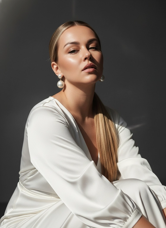 создай портрет, не меняя черты лица. кинематографический портрет крупным планом, Модель сидит в расслабленной позе, слегка наклонив туловище вперед, смотрит в камеру, губы слегка приоткрыты, подбородок приподнят.  На ней струящееся шелковое платье молочного увета.  Яркий солнечный свет освещает ее лицо, подчеркивая структуру костей, скулы и сияющую бронзовую кожу. Девушка чуть в теле.Ее волосы аккуратно уложены в низкий гладкий хвост на плечо.Волос длинный. Крупные жемчужные круглой формы серьги переливаются на солнце. Фон - темно-серая стена с мягким акцентом и едва заметными солнечными бликами. Атмосфера утонченная и кинематографичная, она создает ощущение современного шика и внутреннего покоя. Цветовая палитра включает графит, жемчужно-белый и теплую бронзу, а мягкий свет подчеркивает сияние кожи и ткани. Снимок сделан в стиле серии портретов Vogue, в котором достигнут идеальный баланс света, тени и сдержанной роскоши.снятый на камеру Leica SL2-S с объективом Noctilux 50 мм f/0.95.