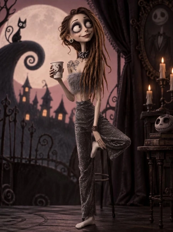 Create me into a tim burton character

Доп. характеристики: Изменить фон, лицо и тело в стиле Тима бертона но при этом миловидное