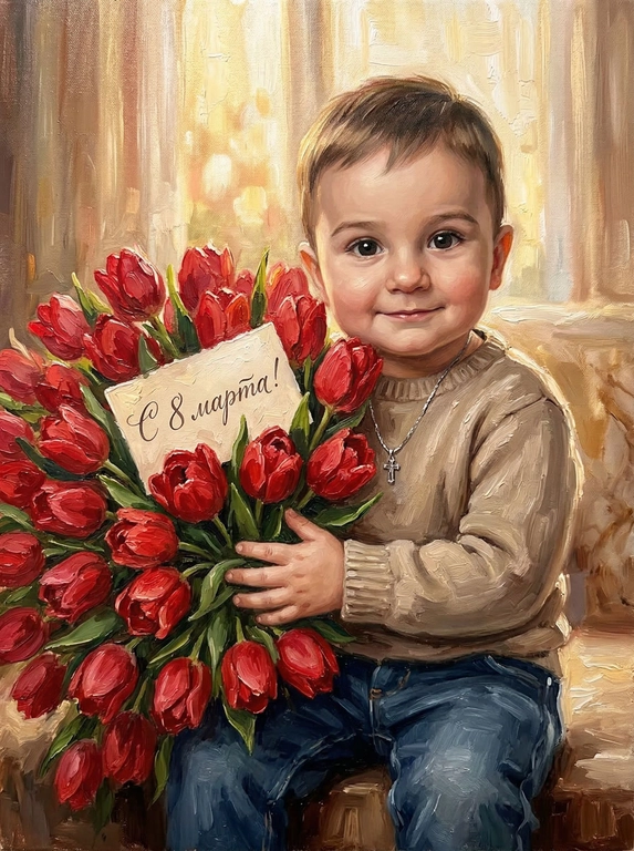 Схожесть 100%, не менять черты лица. Гиперреалистичные вертикальное изображение — точная копия персонажей с референсной фотографии. Персонажи с фотографии мягко улыбаются и обнимают огромный букет красных тюльпанов. Все персонажи одеты в нейтральную повседневную одежду без ярких деталей. Стиль: густая масляная живопись с выраженными мазками (oil painting, heavy brushstrokes). В букет вставлена открытка. На открытке каллиграфическая надпись. Мягкий солнечный свет, малая глубина резкости, создающая ощущение уюта и тепла.

Какая будет надпись?:  На открытке надпись "С 8 марта!"