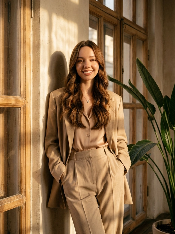 Ультрареалистичное и высококачественное 8К фото. Фотография модной портретной сцены: молодая женщина в расслабленном бежевом,дорогом костюме (пиджак oversize, высокие брюки со стрелками) и шелковой блузке в нюдовом тоне, позирует в интерьере у стены с крупными,старинными оконными рамами; композиция портрет по-колено, слегка смещённый центр, поза непринуждённая — опирается на стену, руки в карманах, голова чуть откинута назад, волнистые волосы. Макияж классический: длинные и подкрученные ресницы,ламинированные брови. Поза изящная. Свет — тёплый золотой час: боковой солнечный луч от окна создаёт чёткие геометрические тени рам и листьев на стене и ткани, мягкие контровые блики и плавный переход теней, контрастность, теплый тоновый градинг (охра, беж, зелёный акцент). Окружение минималистичное, натуральные материалы, в кадре справа комнатное растение с длинными листьями, отбрасывающие динамичные тени. Настроение спокойное, элегантное, чуть ностальгическое, стиль — модный редакционный фэшн в духе золотого часа, fine art, костюмная эстетика 90-х reimagined. Визуальная стилизация: мягкая зернистость пленки, натуральные цвета, тонкая ретушь, глубокие полутени. Параметры съёмки: вертикальный кадр, объектив 50mm (или 35mm для чуть шире), диафрагма f/2.8 для мягкого боке и изолирования модели, ISO 200, выдержка 1/200s, баланс белого — тёплый/дневной, фокус на одежде и текстуре ткани, небольшая постобработка: тёплая цветокоррекция, лёгкая виньетка, повышенная детализация ткани.черты лица и цвет волос не должны быть изменены