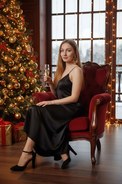 Фотография выполнена в стиле гламурной праздничной съемки. Женщина сидит в красном велюровом кресле на фоне украшенной новогодней елки, рядом с большим окном в пол с деревянными рамами, украшенным гирляндами. Цветовая гамма - насыщенные оттенки красного и золотого, создающие теплую и роскошную атмосферу. Приглушенный свет.
В ушах - крупные золотые серьги. Поза: женщина сидит, слегка повернувшись вполоборота к камере, одна нога вытянута вперед. Она держит бокал шампанского в руке и смотрит в камеру. Поза расслабленная и элегантная. Мягкая улыбка. Одежда: на женщине длинное черное атласное платье на тонких бретельках. На ногах - черные туфли на каблуке с ремешком на щиколотке.