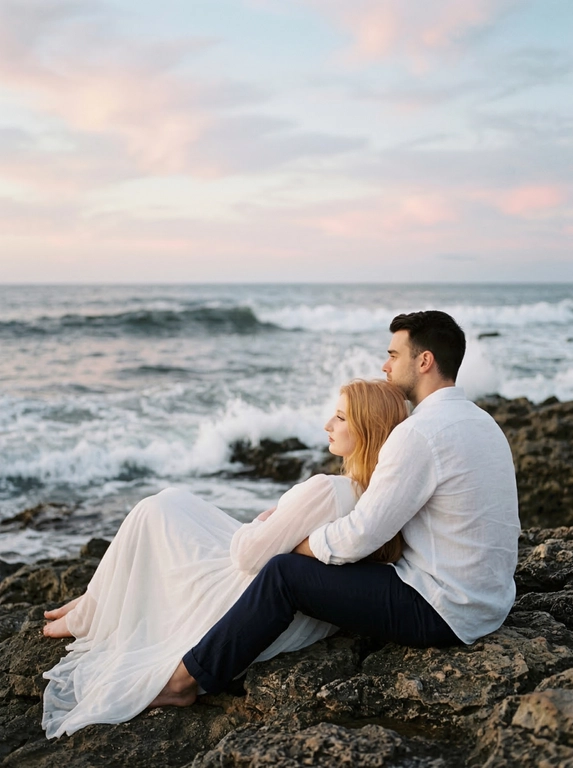 Это романтичный кадр, похожий на снимок из свадебной фотосессии или фотосессии для пары. Два человека сидят на скалистом берегу, лицом к океану. Женщина лежит, опираясь на руки, в светлом, развевающемся платье. Мужчина сидит рядом, обнимая её, в белой рубашке с длинными рукавами и тёмных брюках. Пара смотрит в сторону моря. Волны разбиваются о берег на заднем плане. Цветовая гамма приглушенная, с преобладанием пастельных оттенков розового и голубого в небе, а также серых и синих тонов в воде и коричневых в скалах. Атмосфера спокойная и умиротворяющая. Не менять прическу и сохранить черты лица .