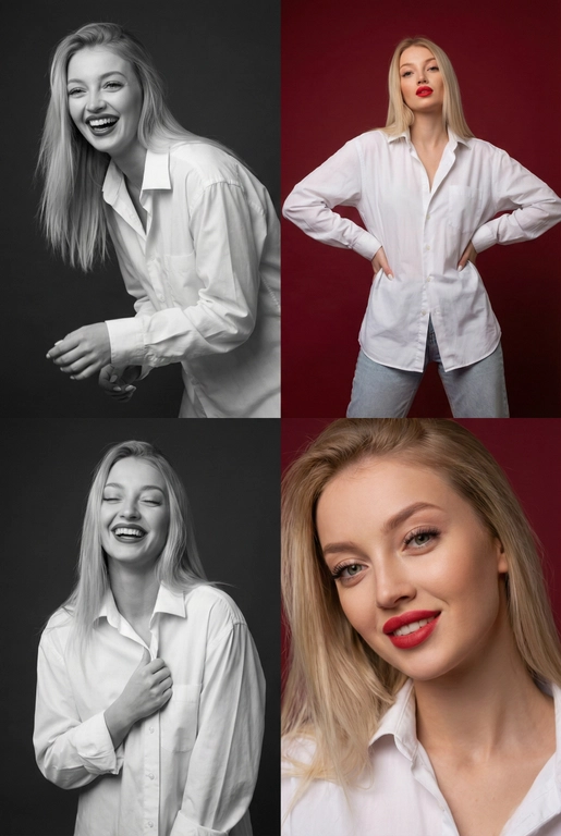 Коллаж из четырёх студийных портретов одной женщины, расположенных в сетке 2×2. Не меняй внешность, цвет и текстуру волос. Все кадры сняты в модном editorial-стиле. Образ — естественная красота, лёгкая небрежность, живые эмоции.
Женщина имеет естественный макияж с акцентом на красные губы. На ней белая очень свободная рубашка мужского кроя на несколько размеров больше, частично расстёгнутая, подчёркивающая линию декольте. В отдельных кадрах она слегка придерживает рубашку руками.
Эмоции и позы:
Верхний левый кадр — чёрно-белый, она наклоняется вперёд, смеётся, взгляд в сторону, живой момент.
Верхний правый — цветной, красный студийный фон, руки на бёдрах, уверенный фэшн-портрет. Снято с нижнего ракурса. Видно часть ее светлых джинс.
Нижний левый — чёрно-белый, она смеётся с закрытыми глазами, держит рубашку у груди, расслабленная поза.
Нижний правый — цветной, крупный портрет, легкая улыбка, слегка наклонила голову в сторону, тёплая улыбка, акцент на губах.
Фон: для цветных кадров — глубокий красный студийный фон, для чёрно-белых — нейтральный тёмный фон.
Освещение: мягкий студийный свет, подчёркивающий текстуру кожи, волосы и складки рубашки. Без жёстких теней.
Композиция: кадры слегка разные по ракурсу, создают ощущение живой съёмки backstage.
Стиль: fashion editorial, lifestyle, natural sexy, cinematic soft light, analog photo vibe, magazine photoshoot, ultra realistic, high detail, skin texture visible, 8k. Волосы распущены и уложены в объемную естественную укладку