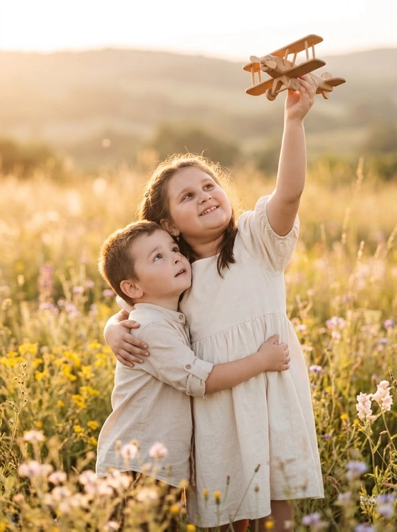 Это кадр из теплой и нежной фотосессии, сделанной на природе, возможно, в поле или лугу. Цветовая гамма – мягкая, золотистая, с преобладанием теплых пастельных оттенков, создающих атмосферу уюта и безмятежности. Общее впечатление – трогательное и светлое.

В центре внимания – два ребенка. Первый ребенок стоит немного сбоку и прижимается к другому ребенку, который обнимает его одной рукой. Второй ребенок смотрит вверх, подняв другую руку, в которой держит игрушечный самолет. Лица детей выражают радость и предвкушение.

Если ребенок - мальчик то на нем надета рубашка светлого оттенка с закатанными рукавами. Если ребенок девочка, то на ней надето легкое платье светлого оттенка с короткими рукавами и юбкой А-силуэта. Ткань выглядит мягкой и приятной на ощупь. Их одежда выглядит простой и удобной, что соответствует общей атмосфере естественности и беззаботности.
