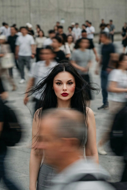   Кинематографичная фотография с эффектом смазанного движения, снятая на Leica SL3 с объективом 50mm Summilux при f/2.8, с фронтального ракурса на уровне груди, с использованием медленной выдержки и панорамирования. Ровный пасмурный дневной свет выступает как мягкий диффузор, позволяя создавать длинные шлейфы размытия без жёсткого контраста. Цветовая тональность — приглушённые бетонно-серые оттенки и нейтральные тона светлой кожи, вдохновлённые фильмами студии A24. Женщина с референса:  волосы застыли в полёте перед лицом, кожа с лёгким румянцем ловит тёплый свет, глаза пронзительно смотрят прямо в камеру, сохраняя неподвижность среди хаоса; губы подчеркнуты насыщенной вишнёво-красной помадой, создающей главный цветовой акцент, на ней сдержанный минималистичный образ. Сотни спешащих прохожих проносятся во всех направлениях, их тела вытянуты в плавные горизонтальные и диагональные размытия. Эмоция — тихий бунт через неподвижность. Эстетика — редакционный покой против хаоса. Постобработка: чистая физика движения, тонкое зерно, без глитчей, без искажений лица и деформаций анатомии. --ar 9:16 -- raw