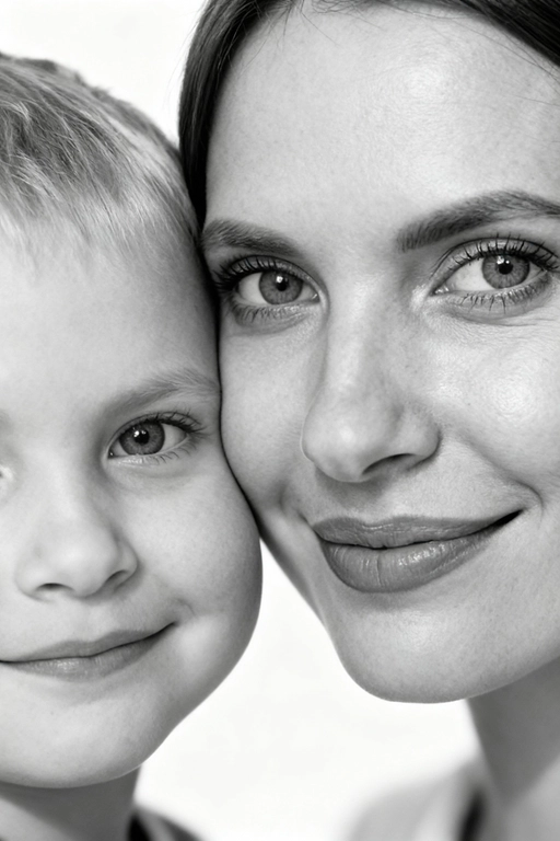 Сверхреалистичная черно-белая художественная фотография 8K женщины и ребенка, снятая очень крупным планом, щека к щеке так что видны только правая половина лица женщины и левая половина лица ребенка. которые смотрят в камеру. Их лица расположены рядом, почти соприкасаясь, образуя идеально сбалансированную симметричную композицию. Каждая деталь передана с фотографической точностью: тонкая текстура кожи и плавные градиенты света и тени. Видимая половина женщины включает ее бровь, один глаз , часть ее носа, щеку и губы, слегка приоткрытые в нежной, естественной улыбке, Видимая половина ребенка включает один глаз , круглую мягкую щеку, часть носа и небольшую улыбку, Фон белый и слегка размытый, что подчеркивает эмоциональную близость между ними. Освещение мягкое и рассеянное, создает деликатный контраст и тональную глубину. На снимке запечатлены нежность, близость и связь между матерью и ребенком, запечатленные с потрясающей реалистичностью. Не меняй черты лиц. 