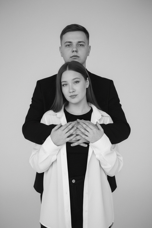 Черно-белый портрет мужчины и женщины в стиле фэшн фотосессии в фотостудии. Не изменяйте лица. Фон нейтральный, однотонный, светло-серый. Атмосфера интимная и спокойная. На переднем плане женщина. Вся композиция выполнена в приглушенной монохромной гамме со студийным освещением, которое подчеркивает текстуру кожи и одежды. Её руки лежат на груди мужчины. Мужчина обнимает женщину сзади, положив свою руку поверх её руки. Она одета в черный топ, белую оверсайз рубашку. Мужчина одет в  классическом черном пиджаке и белой футболке.
