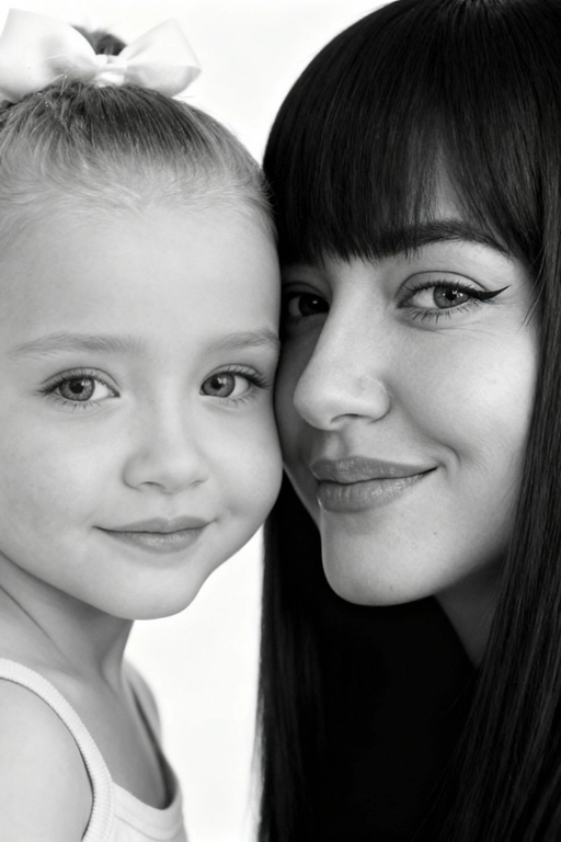 Сверхреалистичная черно-белая художественная фотография 8K женщины и ребенка, снятая очень крупным планом, щека к щеке так что видны только правая половина лица женщины и левая половина лица ребенка. которые смотрят в камеру. Их лица расположены рядом, почти соприкасаясь, образуя идеально сбалансированную симметричную композицию. Каждая деталь передана с фотографической точностью: тонкая текстура кожи и плавные градиенты света и тени. Видимая половина женщины включает ее бровь, один глаз , часть ее носа, щеку и губы, слегка приоткрытые в нежной, естественной улыбке, Видимая половина ребенка включает один глаз , круглую мягкую щеку, часть носа и небольшую улыбку, Фон белый и слегка размытый, что подчеркивает эмоциональную близость между ними. Освещение мягкое и рассеянное, создает деликатный контраст и тональную глубину. На снимке запечатлены нежность, близость и связь между матерью и ребенком, запечатленные с потрясающей реалистичностью. Не меняй черты лиц. 