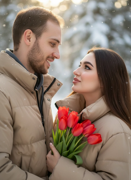Не меняй лицо.Крупный план портрета пары, смотрящей друг на друга с любовью. Фокус на их лицах и красных тюльпанах женщины. Мужчина в бежевой пуховой куртке,Женщина с длинными  волосами в бежевой пуховой куртке.Мягкое зимнее солнце освещает их лица. Размытый фон снежного леса (боке). Реалистичная текстура кожи, мелкие детали ткани пуховой куртки, гиперреалистичное изображение, 8K. --ar 9:16 --v 6.0