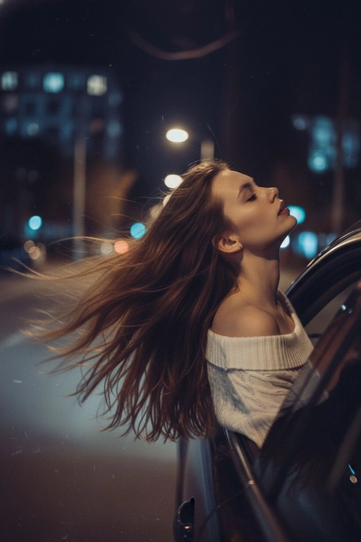 Создайте фото, где я высунула голову из окна машины в тёмную, мечтательную, размытую, винтажную ветреную ночь, в белом трикотажном топе с открытыми плечами. ракурс боковой. Голова чутка откинута назад. Машина в движении.  Выражение лица мечтательное, губы немного приоткрыты. Волосы развеваются в движении. Сохраните детали лица в точности. Пожалуйста, не изменяйте черты лица и оставь таким, какое оно есть.