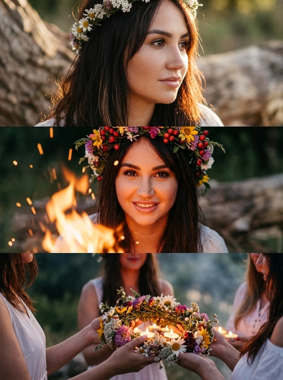 Create a photo triptych consisting of three separate panels.
Top panel: A close-up of a woman's face in semi-profile, with a soft background and texture. Her gaze is directed to the right, creating a thoughtful atmosphere. Her hair is carefully arranged, creating a sunny appearance. A wreath of delicate flowers is encircled within the composition. The lighting is warm and soft, creating a cozy atmosphere. The background is slightly blurred, adding mystery and complexity to the image.
Middle panel: A close-up of the woman's face, looking upward, with lighting that adds texture to her skin. The woman looks directly at the viewer, smiling sincerely and with an open expression. The wreath of flowers appears vibrant and unusual, creating a festive atmosphere. In the foreground, a bonfire sways realistically, sparks rising into the air, adding dynamism. The colors are balanced and rich, creating a unique impression. In this way, I convey the charge of a ritual, immersing the viewer in an atmosphere of magic.
Bottom panel: A close-up of a girl's hands holding a wreath of flowers and candles. The candles glow softly, creating a romantic atmosphere. The twilight is beautifully depicted, with a subtle glow that creates detail. The shot is taken from an interesting angle, allowing you to see some of the girls and the surrounding nature. The lighting is natural, with a slight haze adding a sense of mystery and romance.
Overall: The mood is natural, warm, and magical. All the elements harmonize to create a vibrant atmosphere. The use of soft lighting and attention to detail make the image expressive and memorable