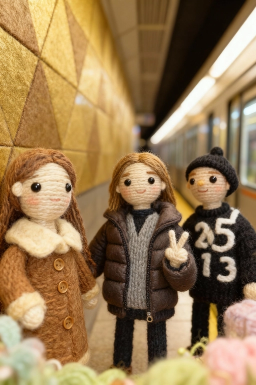 Используя загруженное изображение в качестве основы, создайте произведение искусства из ниток своими руками — диораму из пряжи и фетра. Макросъёмка, мягкий рассеянный свет, пастельная палитра, высокая детализация волокон и стежков, уютная, сказочная атмосфера и слегка уменьшенный масштаб, как в диораме. Если на фото изображены люди - изобрази их в стиле вязаных человечков с глазами-пуговицами.