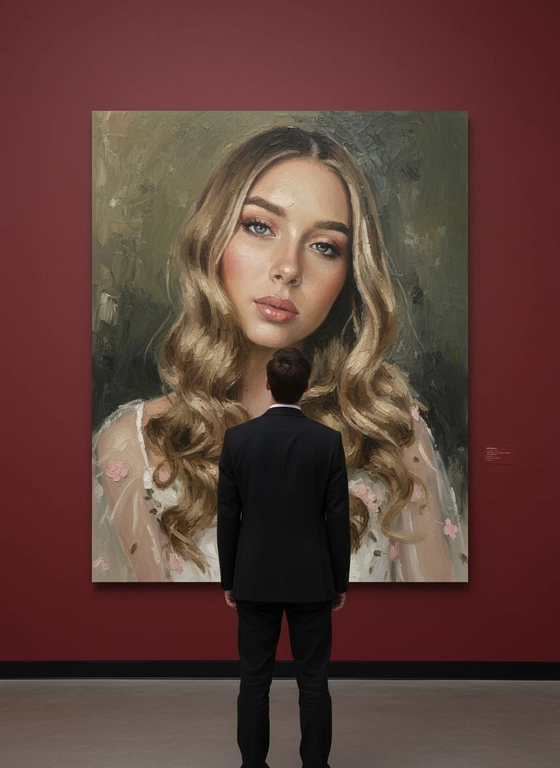 Создай сцену в галерее современного искусства, используй прилагаемое изображение лица и внешности человека, не меняя черты лица. На стене висит большой портрет человека маслом. Её лицо и верхняя часть тела написано в реалистичной, экспрессивной манере масленной живописи с текстурированными мазками и приглушенными цветами. Чистая красная стена галереи создаёт профессиональную атмосферу выставки благодаря мягкому освещению, освещающей произведения искусства. Перед картиной с видом сзади, стоит мужчина рассматривая картину, что придаёт сцену кинематографическое и таинственное настроение.