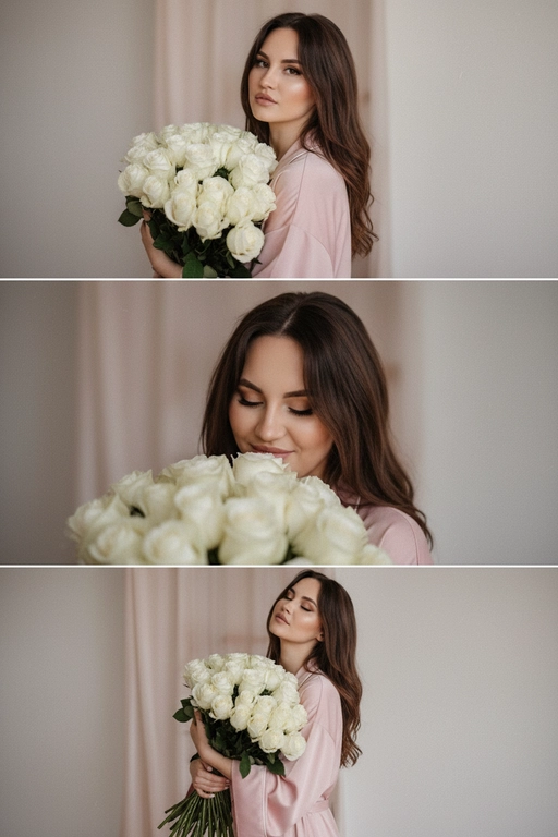 Не меняй черты лица, оставь их точь в точь как на загруженном фото, в том числе макияж и волосы.
Композиция из триптиха изображает женщину дома с цветами
На ней свободная пижама кимоно в пол нежно розового цвета.

На верхнем кадре портрет крупным планом, женщина смотрит в камеру лицо боком в руках у неё огромный букет. На заднем плане светлая стена размыты.

На центральном кадре сверхкрупный план, та же девушка, ее голова слегка наклоненная вперед, она принюхивается к букету, ее глаза закрыты, на лице легкая улыбка.  Кадр снятый с очень близкого расстояния, видно только часть огромного букета и лица  

На нижнем кадре портрет крупным планом изображена всё та же женщина, голова запрокинута вверх глаза закрыты, прижимает все тот же огромный букет к груди

Цветовая палитра приглушена, с нежными розовым, белым
Общий стиль наводит на романтику. Присутствует видимая зернистость.  Букет цветов - белые розы
