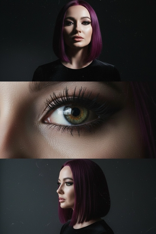 Создай коллаже из 3-х кадров на основе внешности человека на фото. Верхний кадр: человек смотрит в камеру с лёгким наклоном головы. Один глаз в свете, другой в тени — эффект таинственности. Чёрная одежда усиливает драму. Тёмный фон с мягким светом , подчёркивает лицо. 
Центральный кадр (глаз): крупный супер чёткий план её глаза - ресницы, радужка, отражения. Взгляд прямой и глубокий. Фон полностью чёрный. 
Нижний кадр: интенсивный уверенный взгляд человека влево, голова тоже повернута влево. Чёрная одежда, тёмный фон. Жесткий боковой свет, подчёркивающий контуры лица и создающий драматичные тени. Стиль: raw, винтажная плёночная зернистость, драматизм.