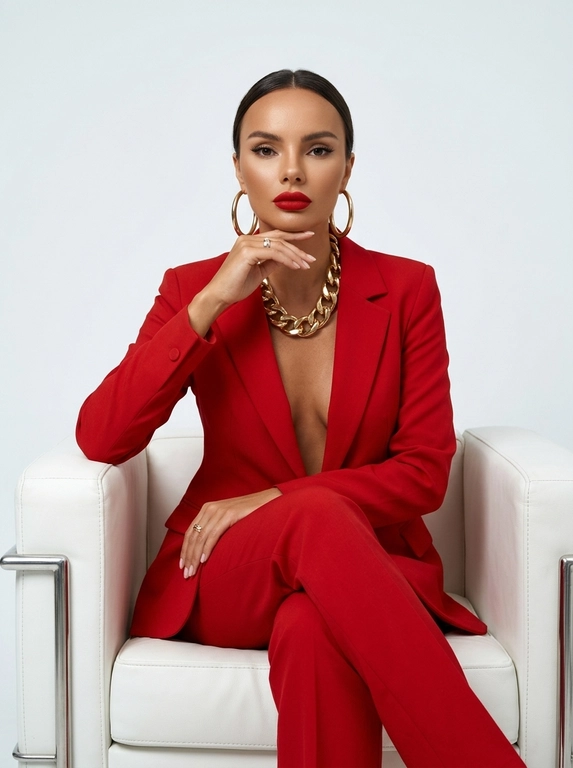 Фото выполнено в стиле Vogue, с высокой чёткостью и элегантной эстетикой высокой моды. Женщина сидит белом минималистичном кресле с прямыми широкими подлокотниками, низкой спинкой и мягкой кожаной обивкой, строгая геометричная форма, на светлом минималистичном фоне. Поза расслабленная, но уверенная и собранная: корпус слегка развёрнут в сторону, ноги элегантно скрещены, одна рука мягко лежит на колене, пальцы расслаблены, вторая рука согнута в локте, кисть поднята к лицу, подбородок опирается на тыльную сторону ладони. Взгляд прямой, сосредоточенный и уверенный, создающий ощущение силы и утончённости. Женщина развёрнута в 3/4.

На женщине костюм, состоящий из пиджака и брюк, с чистым классическим кроем. Пиджак сидит по фигуре, подчёркивая силуэт, и надет без рубашки или топа underneath, создавая дерзкий и современный fashion-образ. Брюки в тон пиджаку, элегантные и без лишнего объёма.

Из украшений — крупные золотые серьги-кольца, массивная золотая цепь на шее и крупное золотое кольцо, что добавляет роскоши и завершённости образу. Макияж выполнен в чистой гламурной эстетике: тонкие чёрные стрелки, длинные ресницы, выразительные брови, деликатный хайлайтер и насыщенная матовая красная помада.

Съёмка выполнена на профессиональную камеру с высокой детализацией, чтобы отчётливо читались текстура ткани, макияж, украшения и кожа. Освещение мягкое, направленное и чистое, подчёркивает лицо, губы и золотые аксессуары, создавая лёгкий объём и благородный контраст с минималистичным светлым фоном. Атмосфера дорогой студийной fashion-съёмки, сдержанной, элегантной и уверенной. Без надписей.


Какая будет прическа?: Волосы собраны в низкий пучок гладкий 

Какого цвета будет костюм?: Ярко-красный

Доп. характеристики: Бронзовый загар, ровное лицо