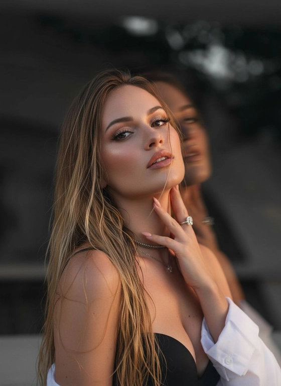 Создайте портрет женщины с длинными, волнистыми, влажными волосами, свободно ниспадающими на плечи, некоторые пряди прилипают к лицу. Она чувственно смотрит в камеру, слегка откинув голову назад, словно наслаждаясь мгновением покоя или чувственности. Её рука нежно лежит на шее, на пальце – эффектное сверкающее кольцо. Плечи опущены. Тёмный, почти однотонный и размытый фон подчёркивает силуэт и лицо женщины. Весь образ мастерски передан с помощью размытия в движении и световых бликов, которые создают ощущение естественного, сказочного движения головы и руки. Мягкие, тёплые тона, лёгкое свечение кожи и губ создают интимную, чувственную и таинственную атмосферу. Эффекты: размытие в движении, художественная длительная выдержка, тёплые тона, атмосфера сновидения. Макияж выразительный: длинные чёрные ресницы, бежевые тени с лёгким мерцанием, выразительные контуры и румяна, безупречная кожа и пухлые губы с нюдовым блеском и тёмно-коричневым карандашом для губ. Ухоженные брови с эффектом Bravenlifting. Длинные, заостренные ногти. Реалистичное фото, как будто снято на профессиональную камеру. Сохраните черты лица такими, какие они есть.
