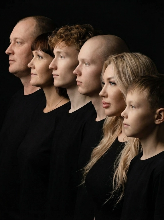 Профессиональный студийный портрет с низким контрастным светом. Головы расположены строго в одну линию. боковой профиль, взгляд влево. У всех видны только головы и немного плечи. Головы занимают весь кадр. Черный фон. Черная одежда у всех. Расположи их по убыванию возраста. 6 человек на фото. Схожесть лиц 100%.