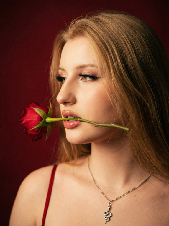       • Composition: Tight close-up, profile angle capturing face and shoulder  • Camera Settings: ISO 400, f/2.0, 1/160 s  • Film Grain: Medium grain  LENS EFFECTS:  • Optics: Slight soft focus  • Artifacts: None  • Depth of Field: Shallow, focusing on face and rose  SUBJECT:  • Description: Young adult Latino / Hispanic female, slim body type, sultry expression with slightly parted lips, eyes looking sideways  • Wardrobe: Thin red strap visible on shoulder, subtle makeup with emphasis on eyeliner and lipstick  • Grooming: Long dark hair flowing freely, smooth skin with natural glow  SCENE:  • Location: Studio setting with red backdrop  • Time of Day: Indeterminate indoor lighting  • Environment: Controlled, minimal background distractions  VISUAL DETAILS:  • Action: Holding a red rose stem between lips  • Props: Single red rose with green stem  • Physics: Natural light reflection on skin, soft shadow falling on backdrop  CINEMATOGRAPHY:  • Lighting: Soft, warm key light from front left, enhancing skin tone  • Tone: Sensual and intimate  • Color Palette: Deep reds, warm skin tones,  TEXT ELEMENTS:  • Visible Text: None  • Typography: None  • Placement: None  STYLE:  • Visual Aesthetic: Glamour portrait with romantic mood