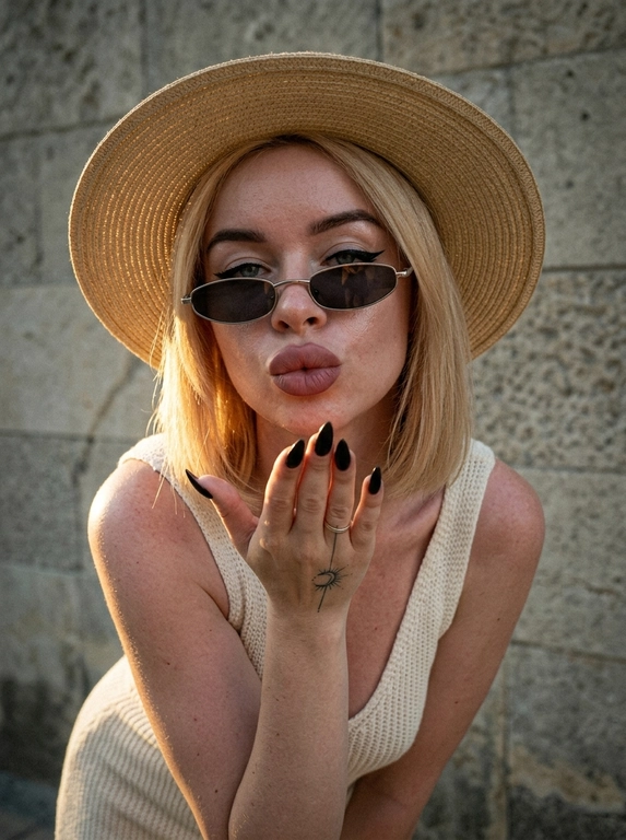 Тщательно кадрированный ультрареалистичный портрет женщины в стиле fashion editorial с y2k-влиянием. Женщина слегка наклоняется вперёд в игривом и кокетливом жесте, будто посылает воздушный поцелуй. У неё широкополая соломенная шляпа. На ней кремово-белое летнее вязаное платье, подчёркивающий  силуэт. На лице макияж с акцентом на глаза: cat eye стрелки на верхнем веке, матовая помада пыльно-розового оттенка, контур губ на тон темнее, влажный хайлайтер. Узкие стильные солнцезащитные очки в металлической оправе.  Естественная кожа с видимой текстурой, порами. Закатное контровое освещение, солнце позади модели, мягкие золотистые блики на коже и волосах, слегка пониженная экспозиция, атмосферные тени. Фон — каменная стена серо-бежевого оттенка с выраженной текстурой. Плёночный фильтр, лёгкая зернистость, небольшой шум, лёгкая туманность. Ультрареалистичное фото, натуральный необработанный вид, без beauty filter, без CGI, cinematic, detailed skin texture.

Доп. характеристики: Тату как на моем фото ,цвет волос блондинка с каре ,ногти черные длиные и острой формы