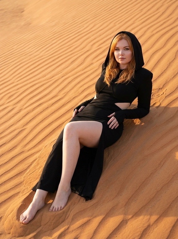 A hyper-realistic fashion photo of a woman reclining on the slope of a rippled orange sand dune during golden hour. Full-body shot, the entire body visible from head to toes, both feet fully visible, no cropping, low angle, her body placed diagonally across the dune, leaning back on one arm while the other hand rests naturally near her thigh. One leg is extended, the other slightly bent through the high slit of the skirt. She looks directly into the camera with a calm, confident expression. She wears a dramatic black hooded outfit with structured shoulders, fitted long sleeves with thumbholes, a waist cutout, and a long skirt with a high slit. Minimal dewy makeup, clean white manicure, natural skin texture, realistic pores, no plastic skin, no CGI. Warm golden-hour light, soft sun glow, gentle shadows, detailed sand texture, realistic fabric folds, cinematic but natural atmosphere. Shot on Canon EOS R, 24-70mm lens, sharp focus, ultra-realistic editorial photography.