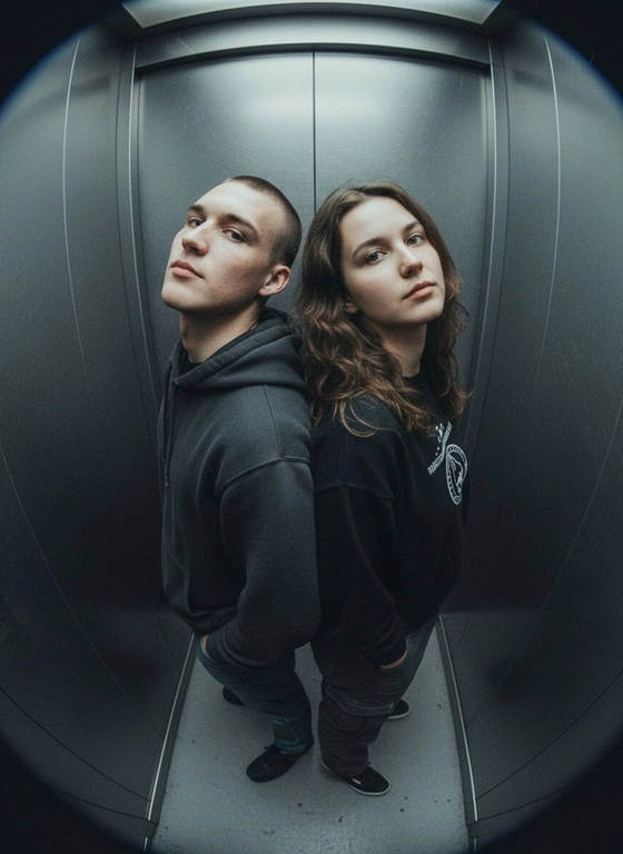 Используй предоставленные изображения и создай фото с двумя людьми в лифте с металлическими стенами. Цветовая гамма с преообладанием серых металлических оттенков. Кадр снят с максимально верхнего ракурса, люди будто заглядывают в камеру, их головы подняты наверх, взгляд в камеру. Легкий эффект fish eye. Реалистичное фото. Зернистость пленочного фото, насыщенные цвета, стиль фото y2k. Сохрани черты лица людей. Они стоят спиной друг к другу. Руки в карманах.