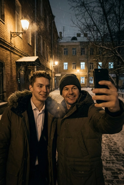 Спонтанное POV селфи людей на переднюю камеру iphone с близкого расстояния, глядя прямо в камеру. Сам телефон не виден. Ночь, зима, переулок в Москве. Фото темное, смазанное и реалистичное. Селфи с Марком Уолбергом