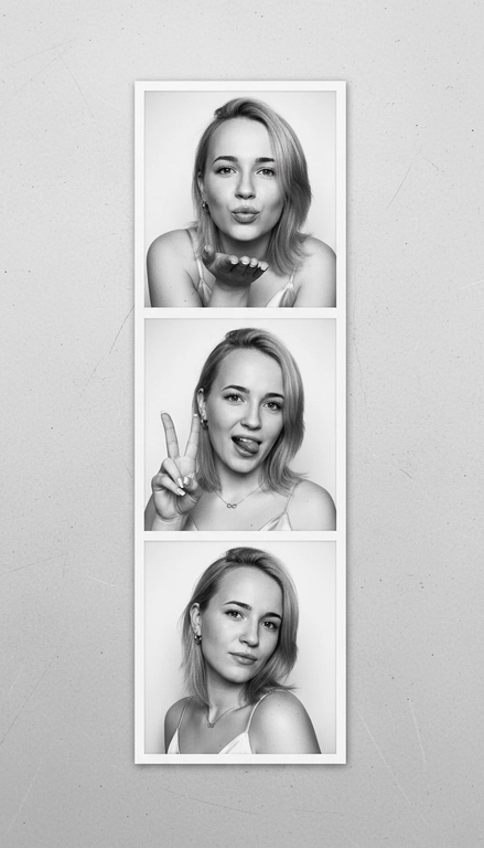  Используя мою фотографию в качестве референса для лица и волос, не изменяя исходные черты лица и сохраняя верность моим физическим характеристикам, создайте ленту из фотографий в ч/б с тремя вертикальными белыми рамками. Лента выглядит так, будто лежит на столе или фоне. Фотографии выглядят профессионально , как будто из настоящей фотобудки. 

В каждой рамке по центру расположены портрет и фотография погрудной проекции одного и того же человека. Взгляд прямо в камеру.

Общая эстетика винтажная, с лёгкой зернистостью и выцветшим качеством, напоминающая классическую аналоговую фотографию. Но при этом изображение выполнено в высоком разрешении. На светло-сером фоне видны едва заметные следы пыли и царапин. Лица человека на белом фоне. 
НЕ ИЗМЕНЯЙТЕ МОЁ ЛИЦО. На верхнем фото девушка посылает зрителю воздушный поцелуй, поднеся правую руку ко рту и слегка поджав губы. Выражение её лица игривое и дружелюбное.  На среднем фото девушка мило и игриво показывает знак мира, высунув язык. Брови слегка приподняты. На нижнем фото девушка позирует, отвернувшись к плечу, смотрит прямо в камеру с более спокойным и уверенным выражением лица. Губы мягко сжаты, взгляд прямой и чувственный. ОДЕЖДА: На ней маленькие серьги-кольца и изящное ожерелье с символом бесконечности поверх светлого атласного или шёлкового топа. На ней естественный макияж, включая глянцевый блеск для губ, лёгкую подводку для глаз и кукольные нарощенные ресницы, без излишеств. У неё квадратный французский маникюр. 