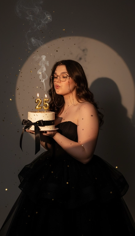 Фотореалистичный портрет женщины с точно таким же лицом, чертами, выражением и цветом волос, как на исходной фотографии - ничего не изменять. Атмосфера - день рождения: мягкий блеск свечи отражается на её лице, в воздухе лёгкие золотистые блёстки, создающие праздничное сияние. Фон темно-серый. Освещение студийное, контрастное, с кругом света на фоне, создающим выразительную тень. Волосы - волнистые, мягко подсвечены. Она немного стоит полубоком. Женщина держит в руках маленький праздничный торт, украшенным чёрными лентами и изящной цифрой из золотых свечей; Она сдувает свечу. Она одета в черное пышном платье . Свечки в виде цифр 25.