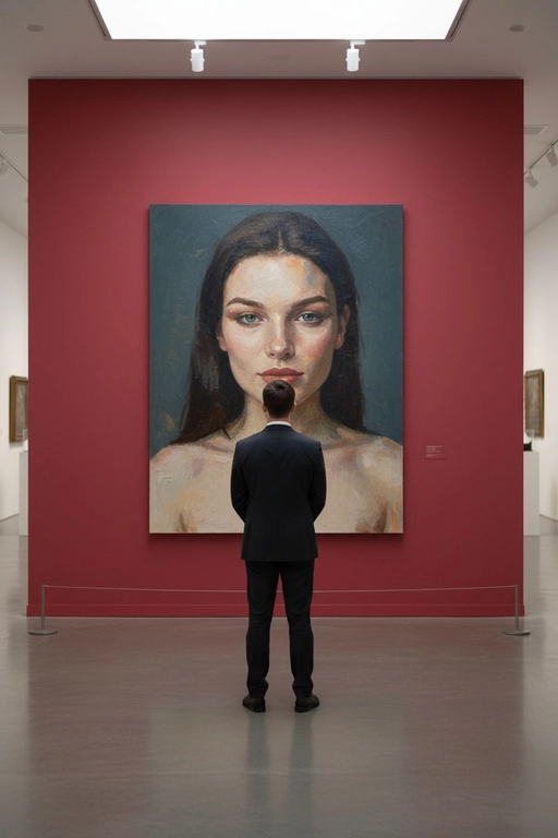 Создай сцену в галерее современного искусства, используй прилагаемое изображение лица и внешности человека, не меняя черты лица. На стене висит большой портрет человека маслом. Её лицо и верхняя часть тела написано в реалистичной, экспрессивной манере масленной живописи с текстурированными мазками и приглушенными цветами. Чистая красная стена галереи создаёт профессиональную атмосферу выставки благодаря мягкому освещению, освещающей произведения искусства. Перед картиной с видом сзади, стоит мужчина рассматривая картину, что придаёт сцену кинематографическое и таинственное настроение.