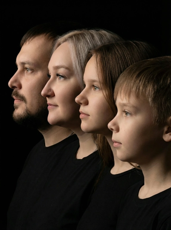 Профессиональный студийный портрет с низким контрастным светом. Головы расположены строго в одну линию. боковой профиль, взгляд влево. У всех видны только головы и немного плечи. Головы занимают весь кадр. Черный фон. Черная одежда у всех. Расположи их по убыванию возраста.