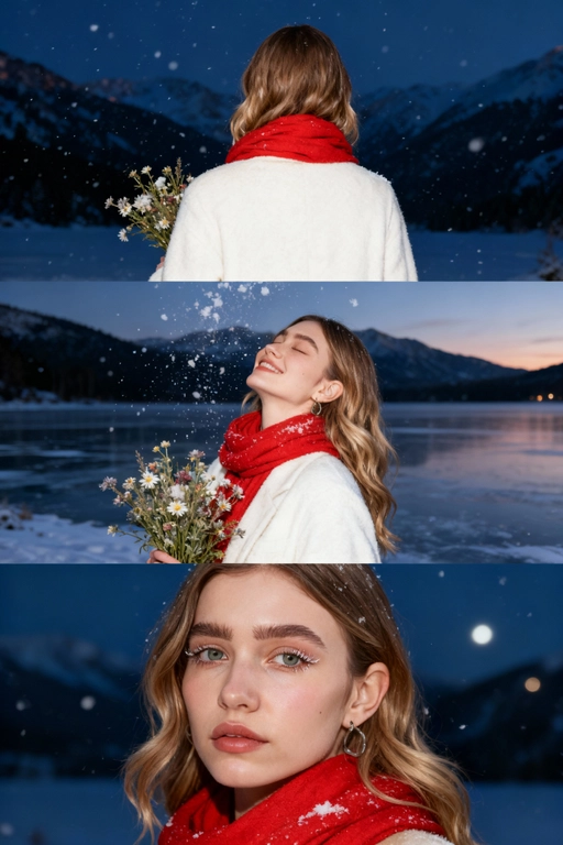 Создай коллаж не меняя черты лица. Кинематографический зимний коллаж из трёх кадров: девушка на фоне заснеженных гор и замёрзшего озера, мягкий вечерний свет, холодно, падает снег. На ней белое шерстяное пальто и ярко-красный шарф, в руках букет зимних полевых цветов. Первый кадр — со спины, её волосы и красный шарф выделяются на фоне темно-синего неба и гор; второй кадр — голова поднята вверх, глаза закрыты, улыбается, ловит снежинки, в руках букет, атмосфера лёгкости и свежести. на ней белое шерстяное пальто и ярко-красный шарф; третий кадр — очень крупный портрет, взгляд в камеру, на ресницах снег, мягкий румянец, естественный макияж. Видно часть шарфа. Акцент на глаза. Настроение — романтичное, зимнее, немного меланхоличное, стиль — реалистичный, кинематографический, контраст белого снега и красных акцентов. Все фото сделаны ночью со вспышкой. Пленочная фотография.