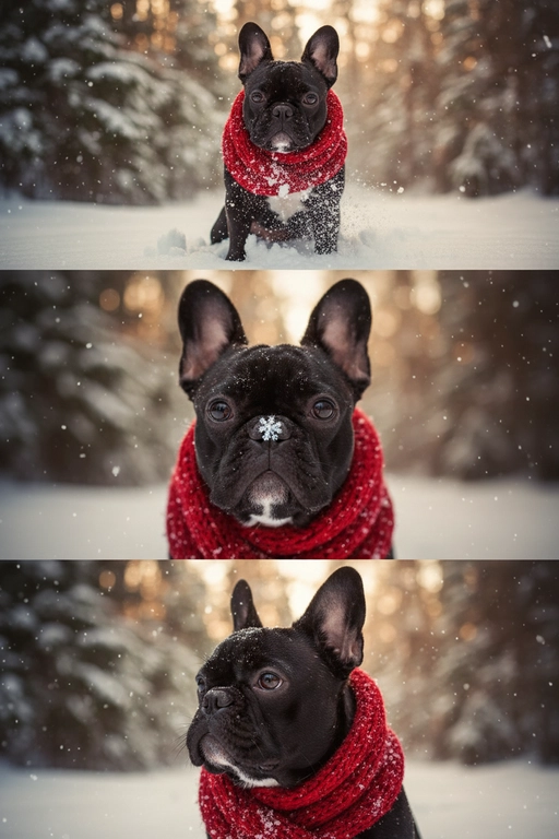     Коллаж из 3-Х фото моего питомца на зимнем фоне в снегу. Питомец в вязаном шарфе, вокруг падает снег, на заднем плане заснеженный лес.

Первый кадр — питомец в полный рост. Он играется со снегом 

Второй кадр — крупный план, увеличенный кадр мордочки питомца с одной снежинкой на носике. Мордочка питомца занимает весь кадр, взгляд прямо в камеру 
 
Третий кадр - портрет питомца, он смотрит в левую сторону. На фото виден шарф, на шарфу есть снежинки 

Три кадра объединены в вертикальный коллаж в едином тоне и свете. Атмосфера — реалистичная, теплая и немного кинематографичная.
Свет мягкий, утренний.  Цвет шарфа - красный 