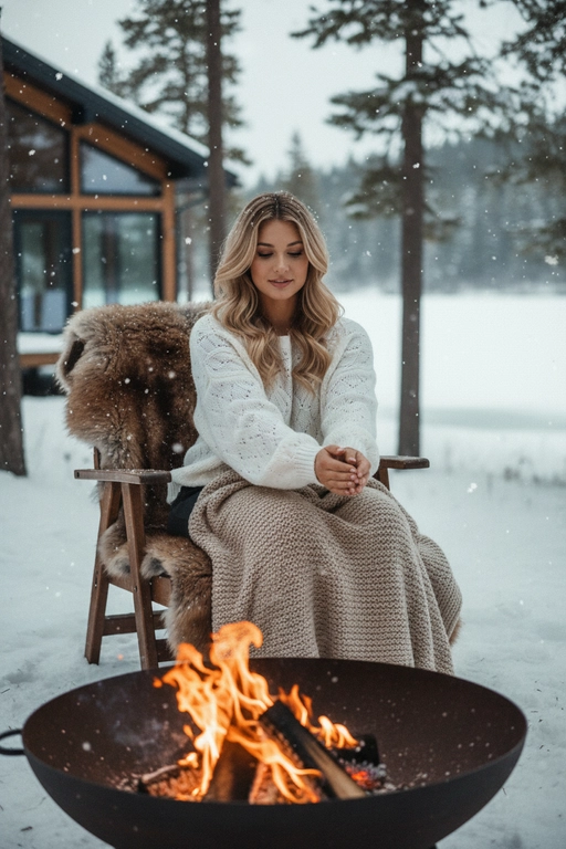 Создайте портрет в кинематографическом стиле с эффектом зерна, человек сидит на улице зимой на деревянном стуле, на стуле шкура меховая коричневая. Идёт легкий снег. человек в белом вязанном свитере и сверху накинут плед бежевый большой. 
На фоне деревянный дом с панорамным окном, озеро частично видно и высокие сосны. 
Перед человеком на переднем плане костровая чаша с огнем не в фокусе.
Греет руки над огнем.